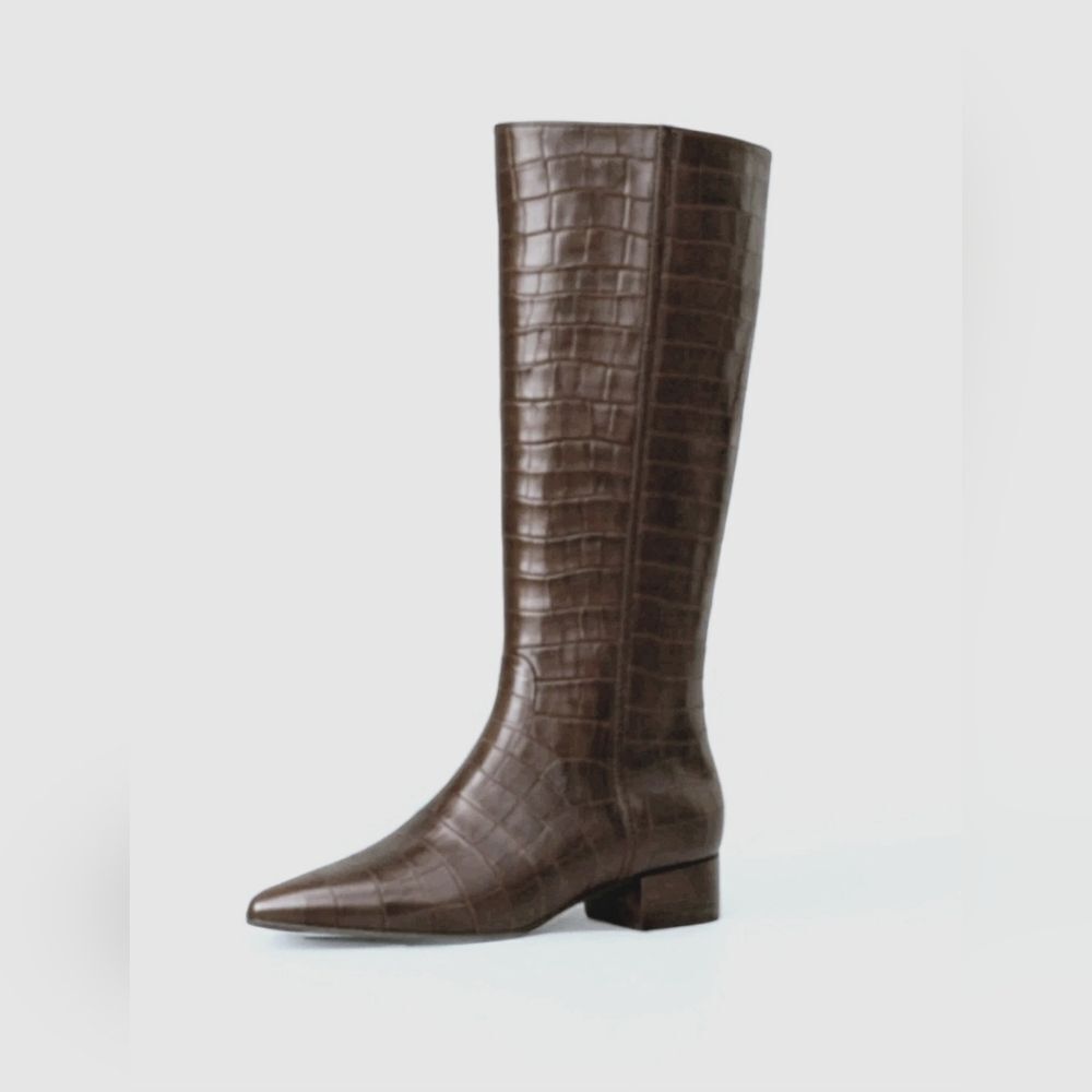 NEW Brown Leather Pointy Toe Croc Emboss Low Heel Tall Boot Gianni Bini Various - Picture 1 of 1